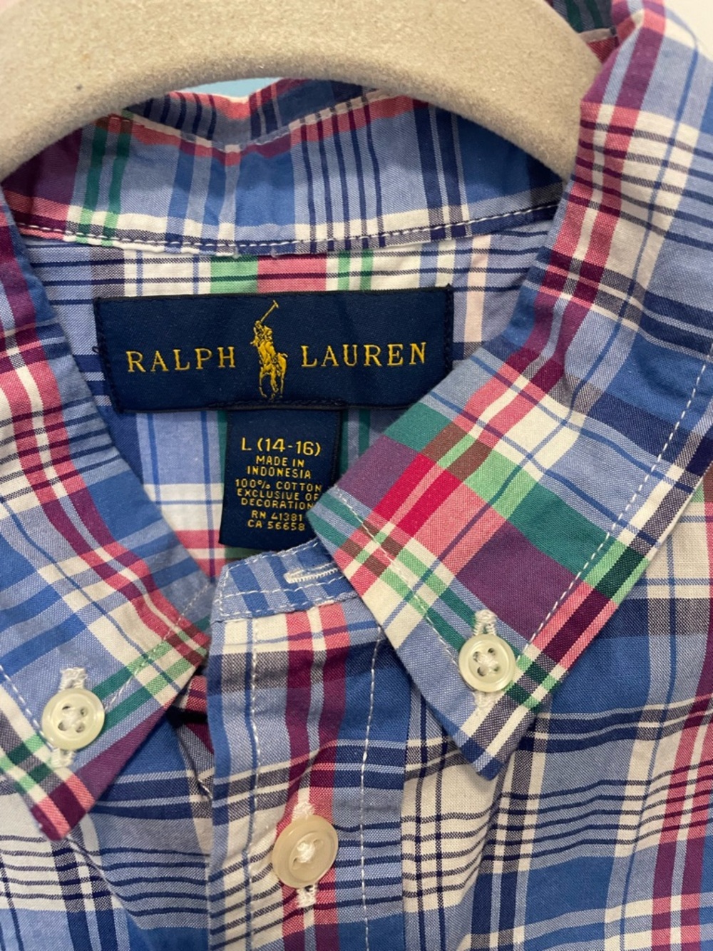 Ralph Lauren Short-Sleeve Plaid Button-Down Shirt - Blue, Green, Red Boys Size L - Picture 2 of 8